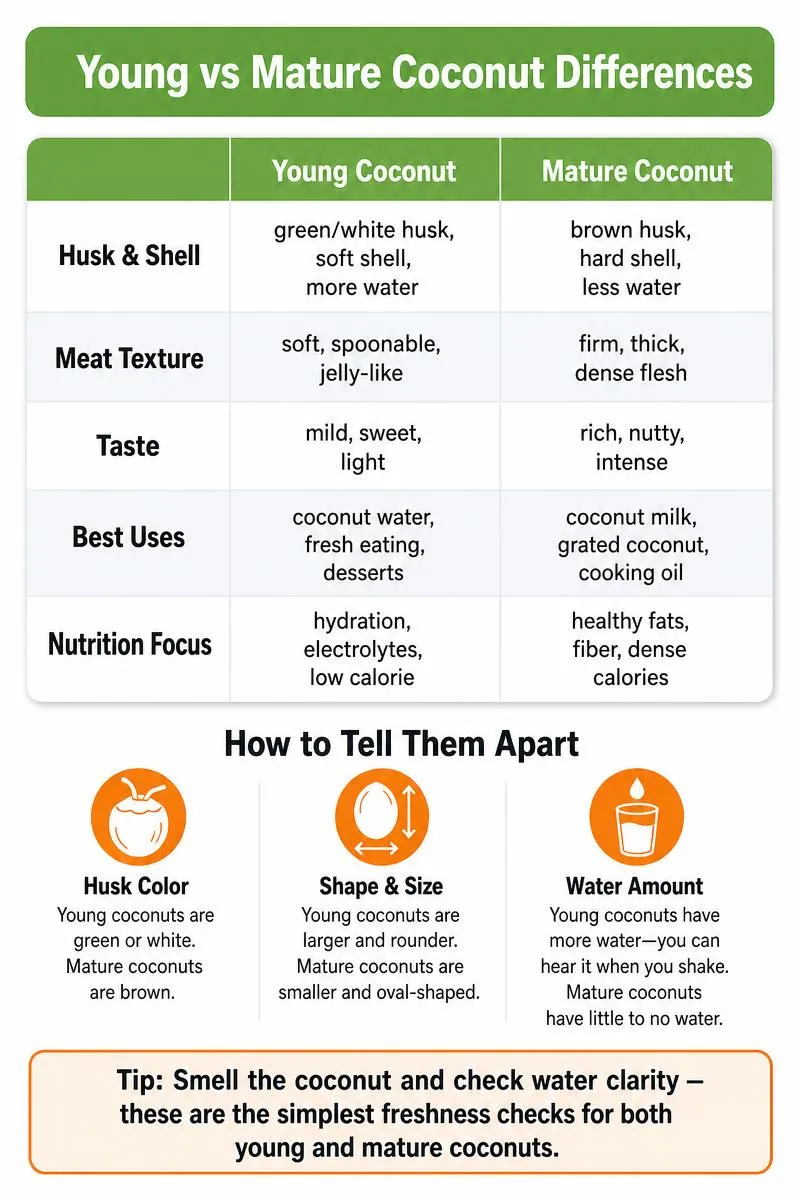 Infographic comparing young vs mature coconut: texture, taste, uses, nutrition, and freshness tips